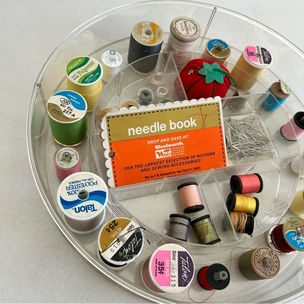 Vintage Round Sewing Thread Box Caddy w Accessories Large 60's Clear Plastic MCM